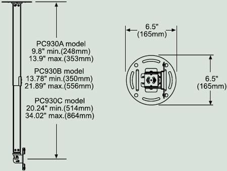 Dimensional Diagram for PC-930A Paramount ceiling Mount for 15"- 24"