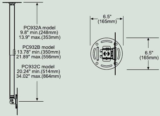 Dimensional Diagram for PC-932A Paramount ceiling Mount for 15"- 37"