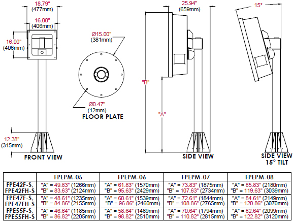 Technical Drawing for Peerless FPEPM 5 to 8 feet Indoor/Outdoor Tilting Pedestal Mount