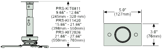 Dimensional Diagram for Peerless Adjustable Height Projector PRS-KIT0811