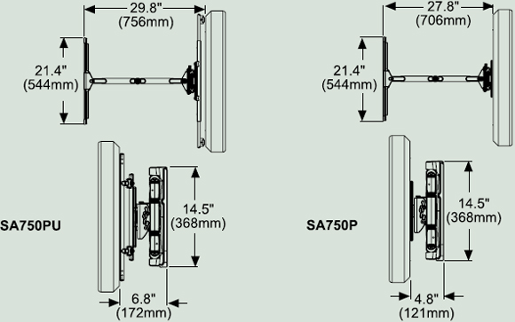 Dimensional Diagram for SA750 Articulating Wall Arm for 32