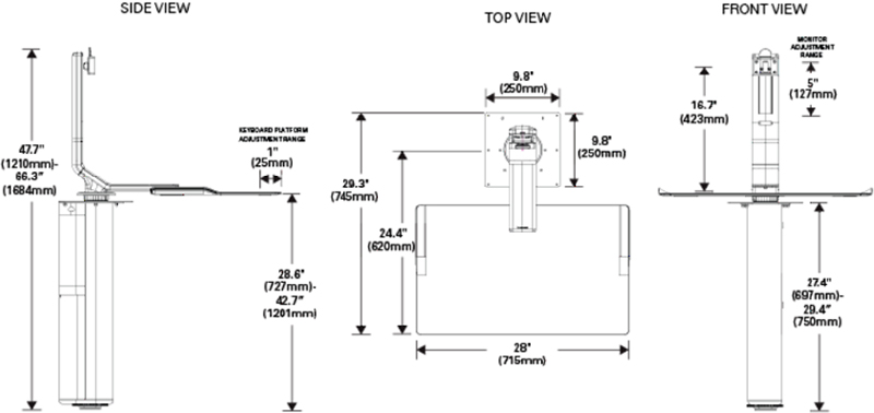 Technical Drawing for Humanscale QuickStand Under Desk Sit Stand Workstation