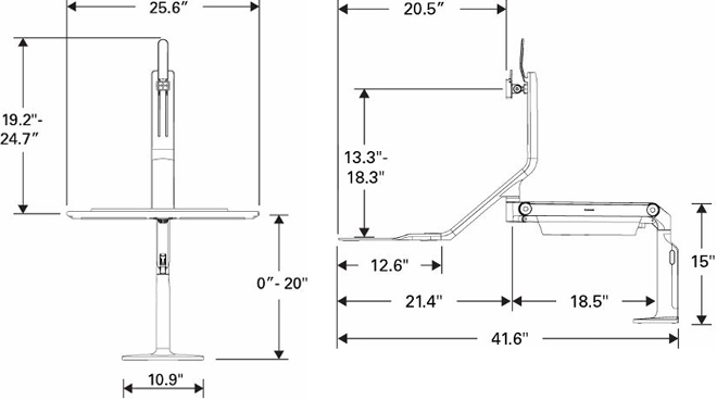 Technical drawing for Humanscale QuickStand Lite Single Monitor Sit-Stand Workstation