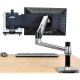 Back View of Ergotron 80-106-085 Universal Tablet Cradle is attached with a Dual Desk Arm that is shown beside a monitor