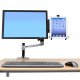 Ergotron 80-106-085 Universal Tablet Cradle is attached with a Dual Desk Arm that is shown beside a monitor