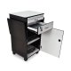 38" wood multimedia workstation with pullout drop leaf shelves and black white locking cabinet propped