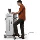 At 46" high, the cart is a convenient teaching station, too, high enough to put your laptop or projector at a comfortable height, but low enough that it doesn't block your view of the classroom. The contoured wood top surface (13-3/4"w x 18"d) has a waterfall edge that's smooth against your arms, and a subtle 1/4" lip runs around the outside of the work area to keep your pencil or pen from rolling off. Caster feet extend just a few inches outside the cart body to give you a footrest that relieve