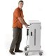 The cart’s small size, large 4” locking casters, and 18”-wide handle make the cart very easy to move, even through tight spaces.  Move it wherever you want and lock the casters in place.  The long 14-foot cord reaches your wall outlet when you need power.