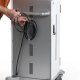 The cart comes with a 14-foot long power cord so you can use the cart anywhere in the room without being limited by the length of the cord.  Wrap the cord on the cable hooks when not in use