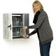 The cabinet's cable management system positions each power cord right at the front of the bay so you can quickly connect your device to power. Clips route the cords from the front of each bay, along the top of each bay divider, to the cable channel at the back of the enclosure