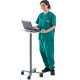 Teresa is comfortable keyboarding while standing at the 40” high fixed-height shelf with integrated, round handle.